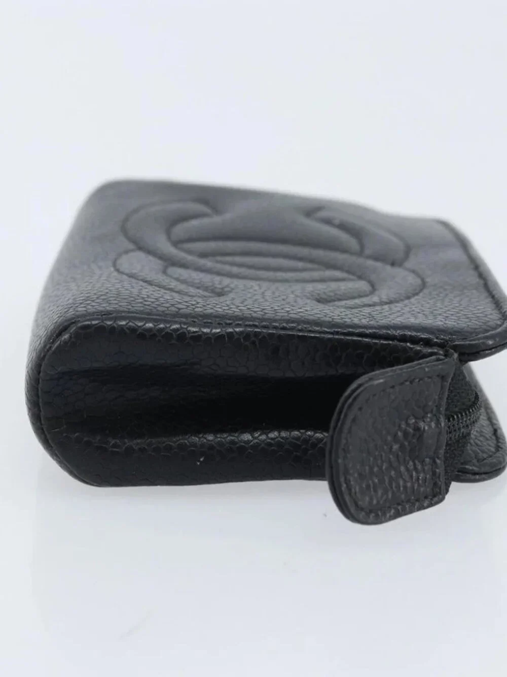 CHANEL COCO Mark Pouch Grained Calf Skin Black Gold CC Auth AMZ108